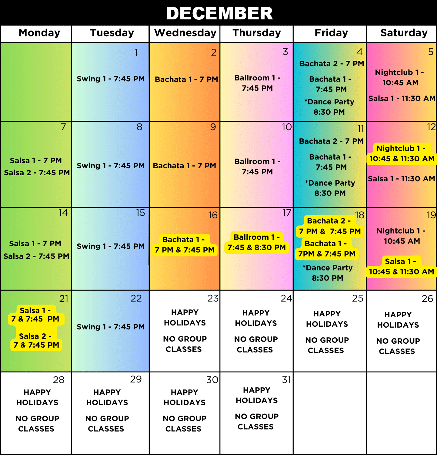 SHDA December 2026 Group Dance Class Calendar