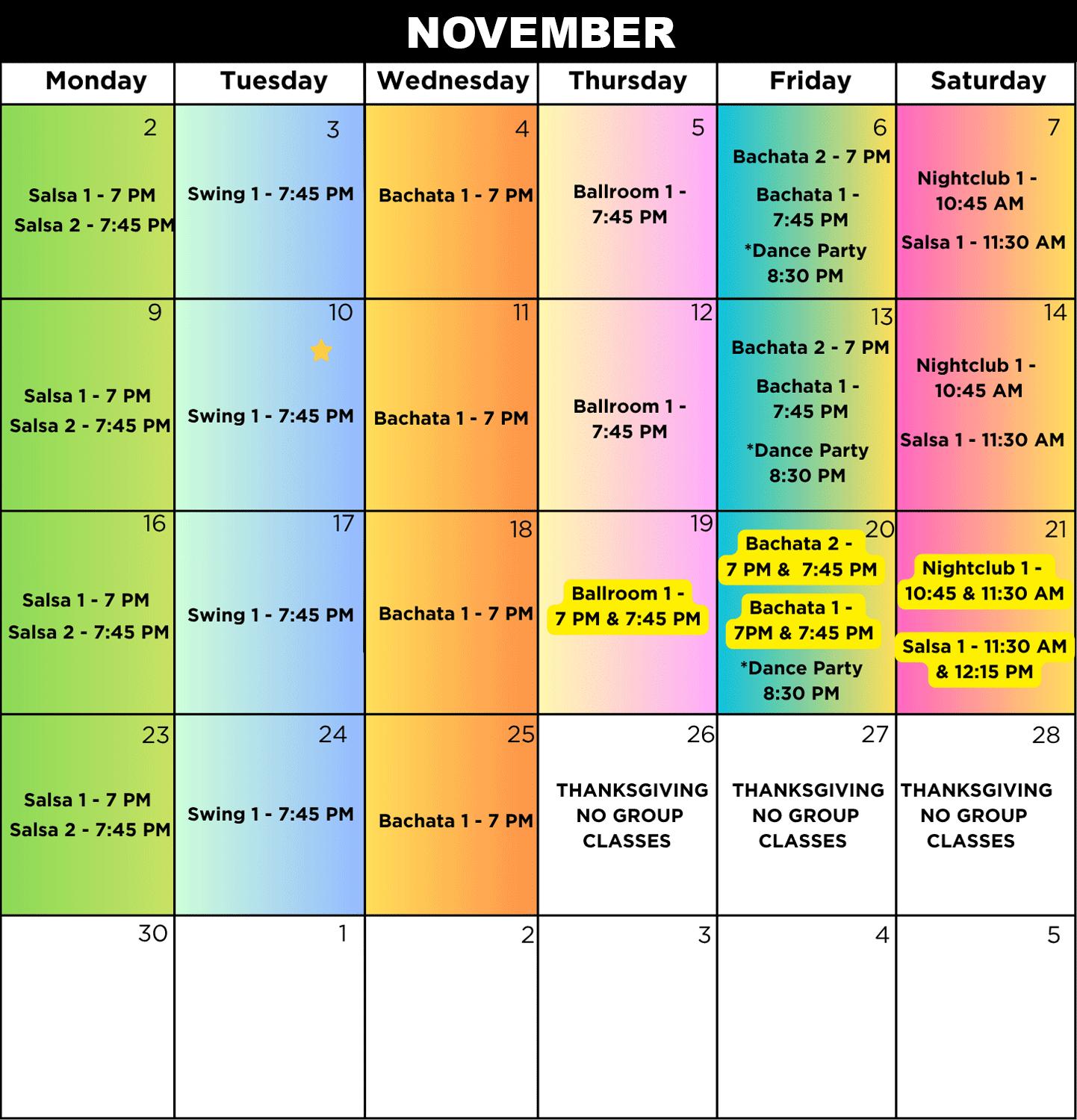SHDA November 2026 Group Dance Class Calendar