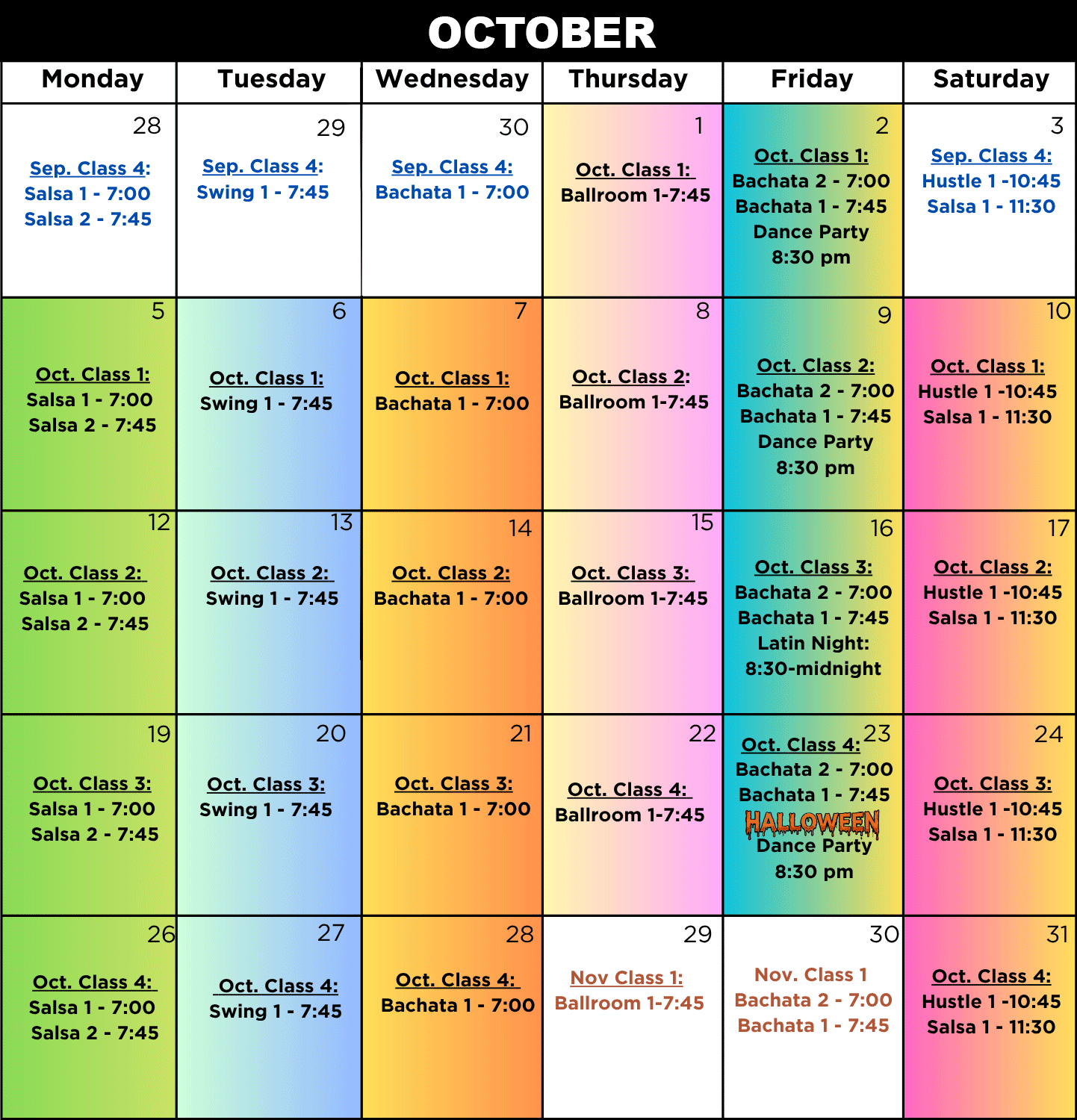 SHDA October 2026 Group Dance Class Calendar