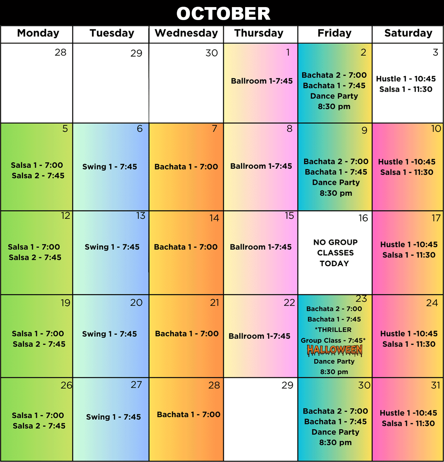 SHDA October 2026 Group Dance Class Calendar