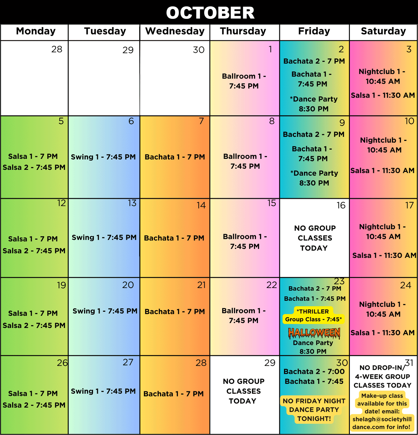 SHDA October 2026 Group Dance Class Calendar