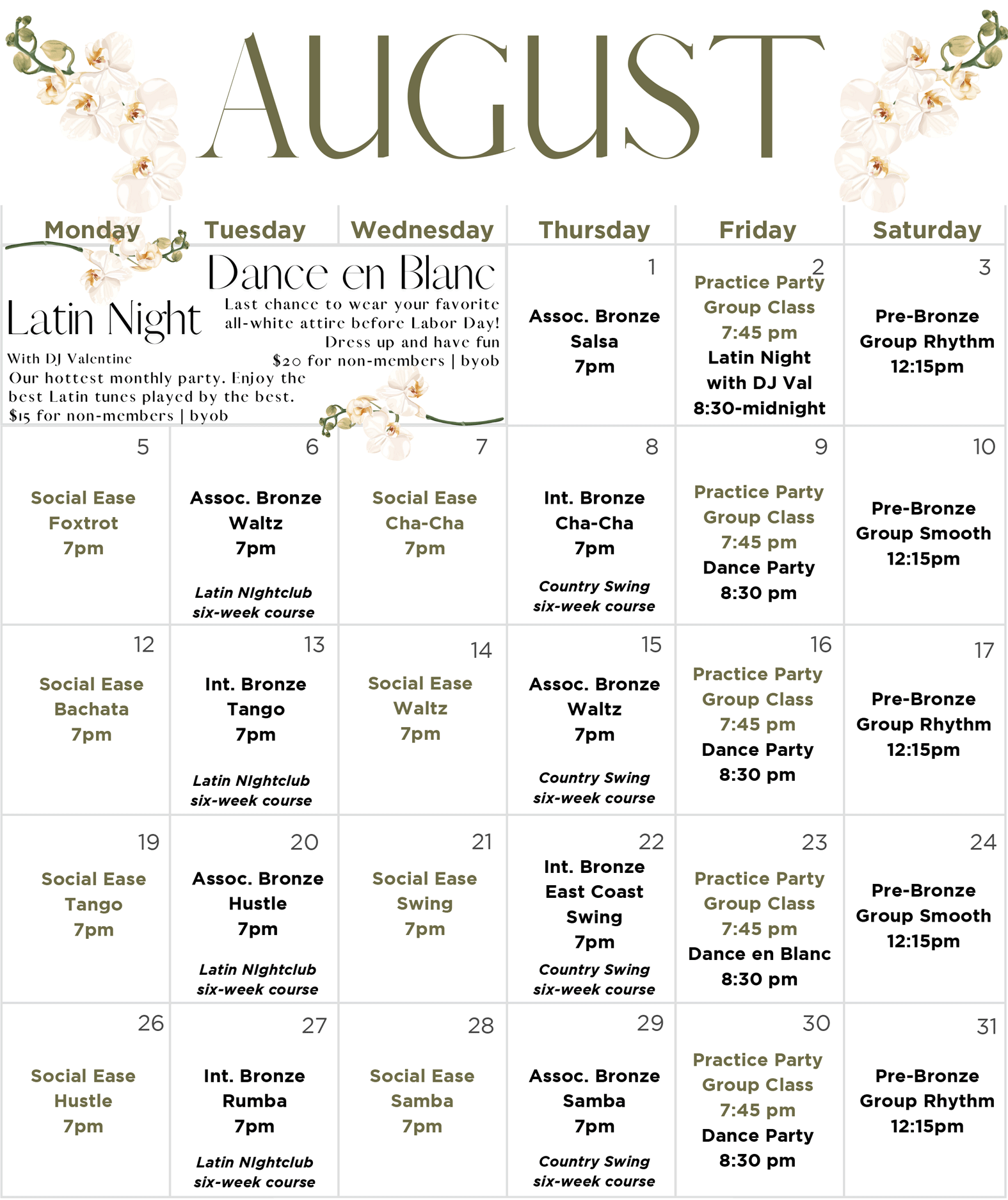 SHDA August 2024 Group Dance Class Calendar
