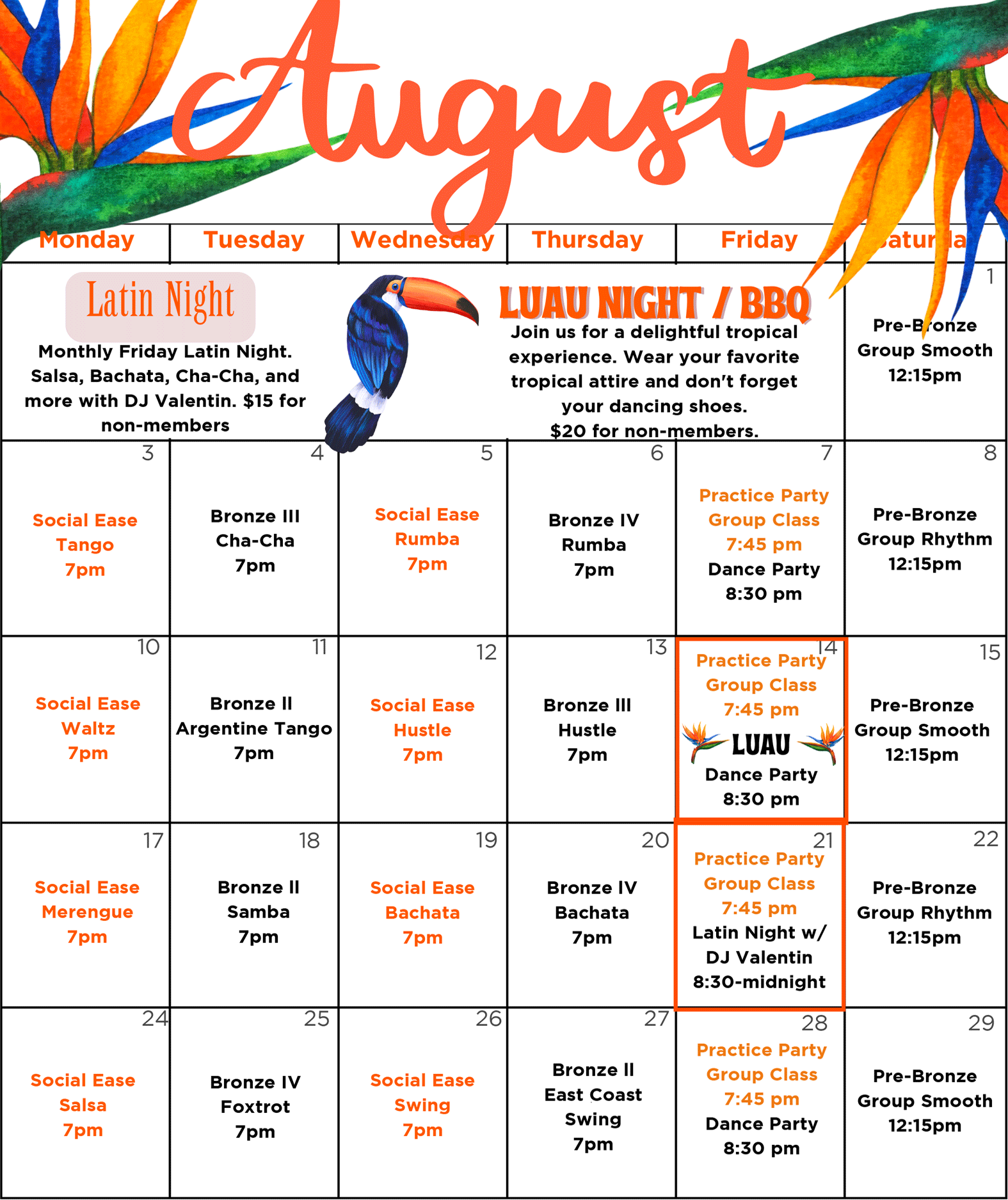 SHDA August 2026 Group Dance Class Calendar