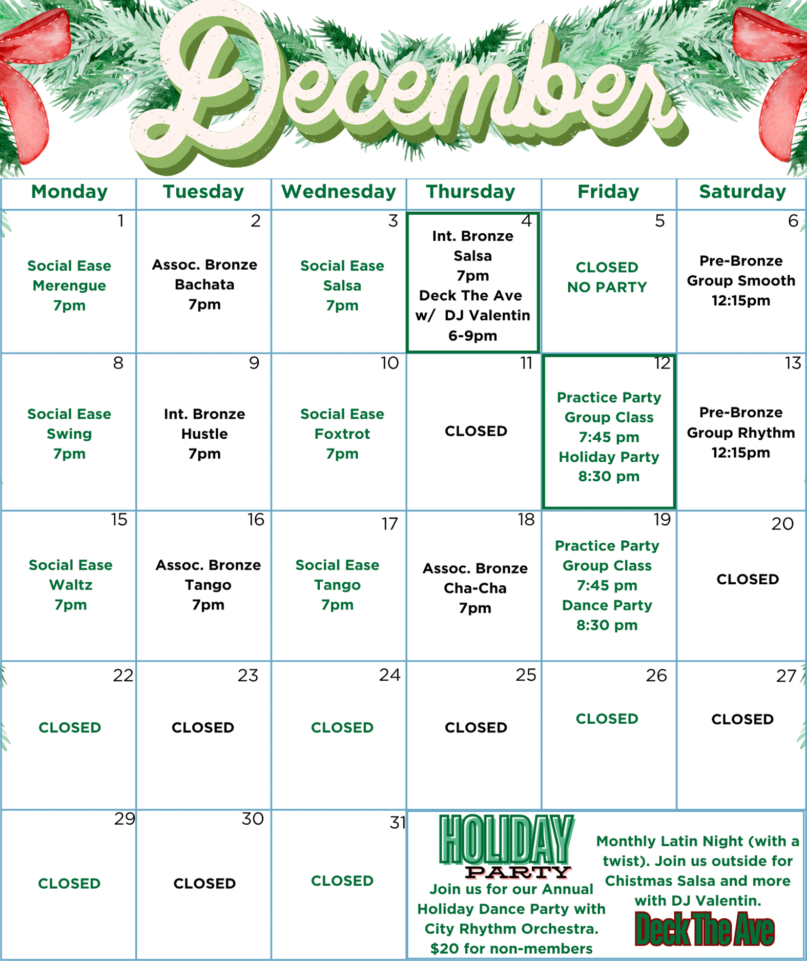 SHDA December 2025 Group Dance Class Calendar