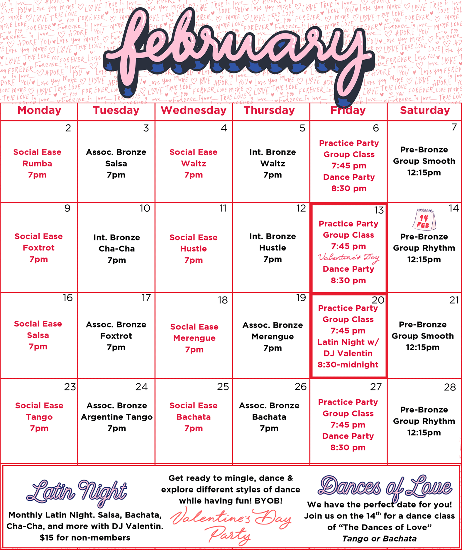 SHDA February 2026 Group Dance Class Calendar