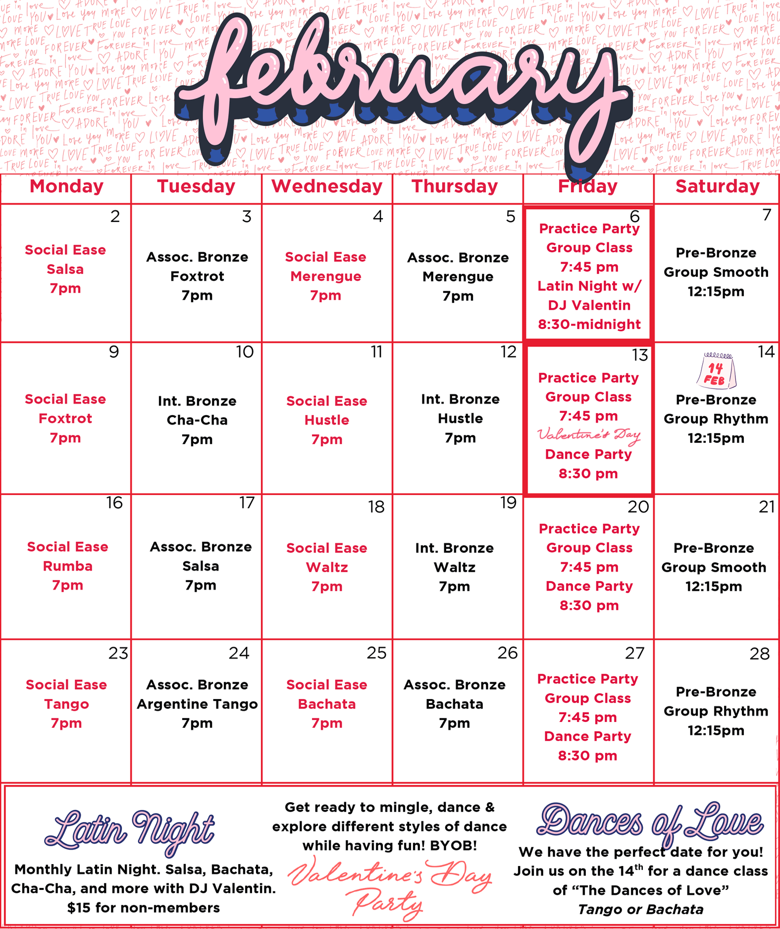 SHDA February 2026 Group Dance Class Calendar