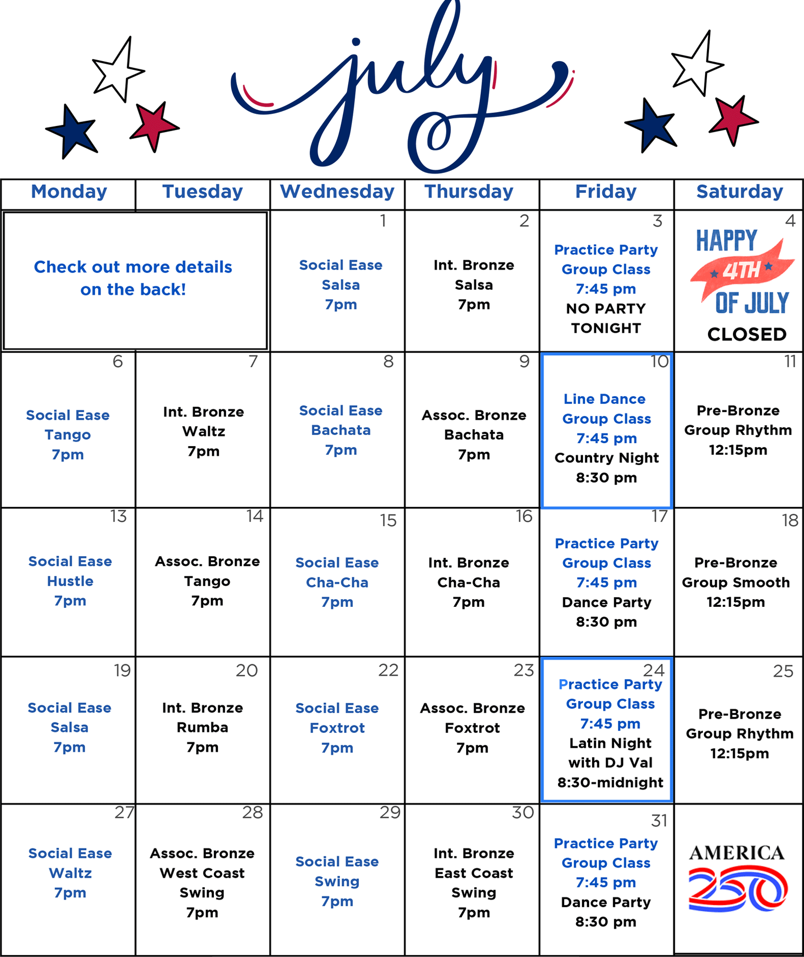 SHDA July 2026 Group Dance Class Calendar