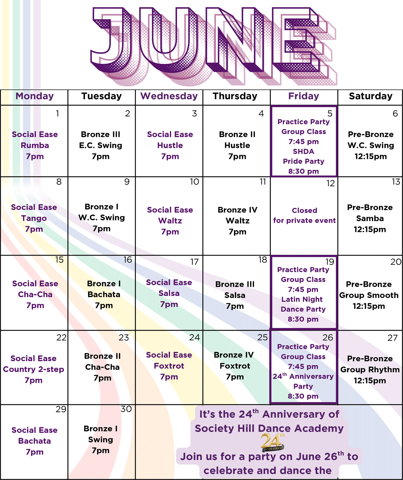 SHDA June 2026 Group Dance Class Calendar