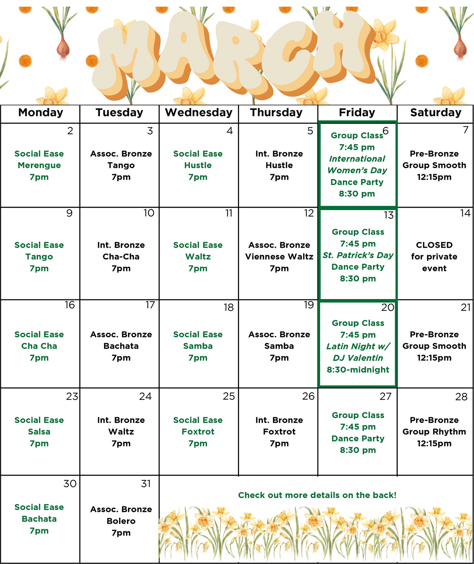SHDA March 2026 Group Dance Class Calendar