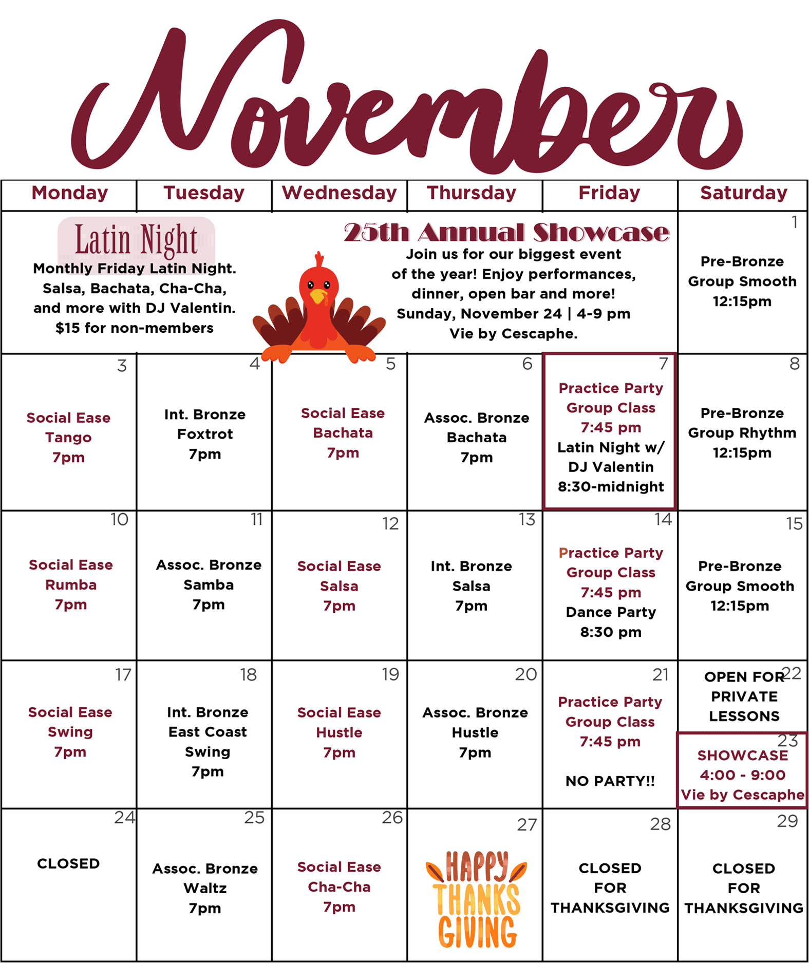 SHDA November 2025 Group Dance Class Calendar