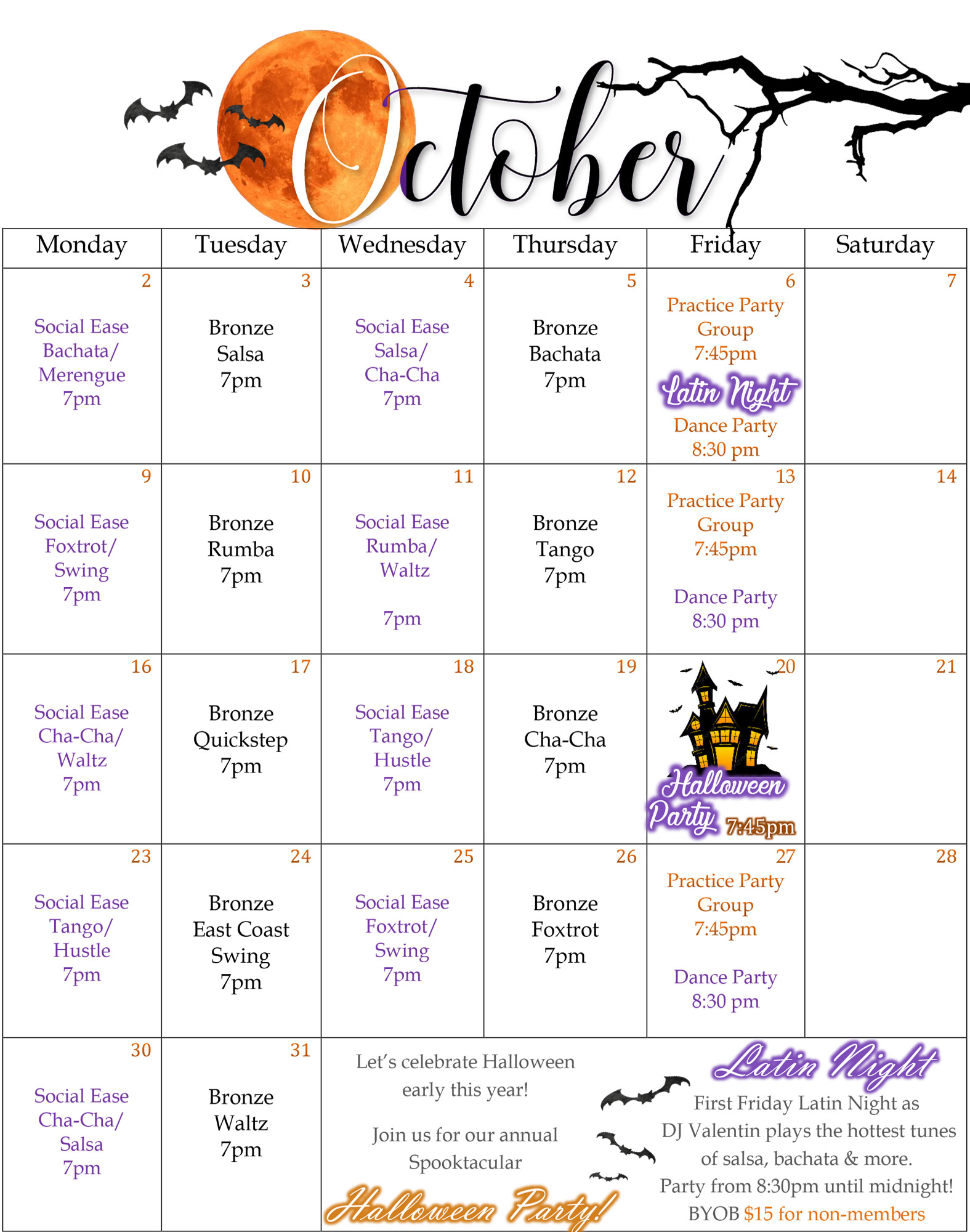 SHDA October 2023 Group Dance Class Calendar