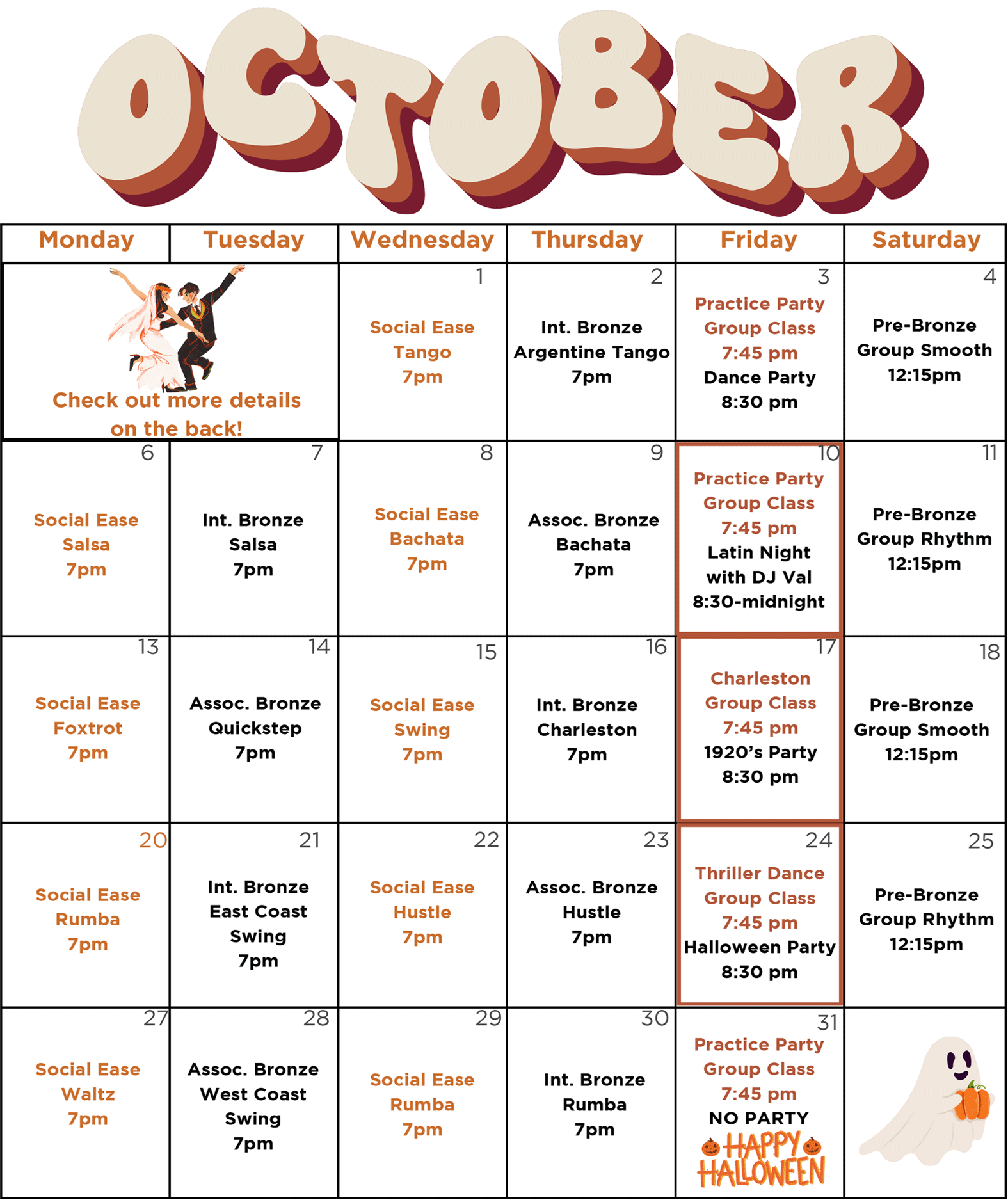 SHDA October 2025 Group Dance Class Calendar