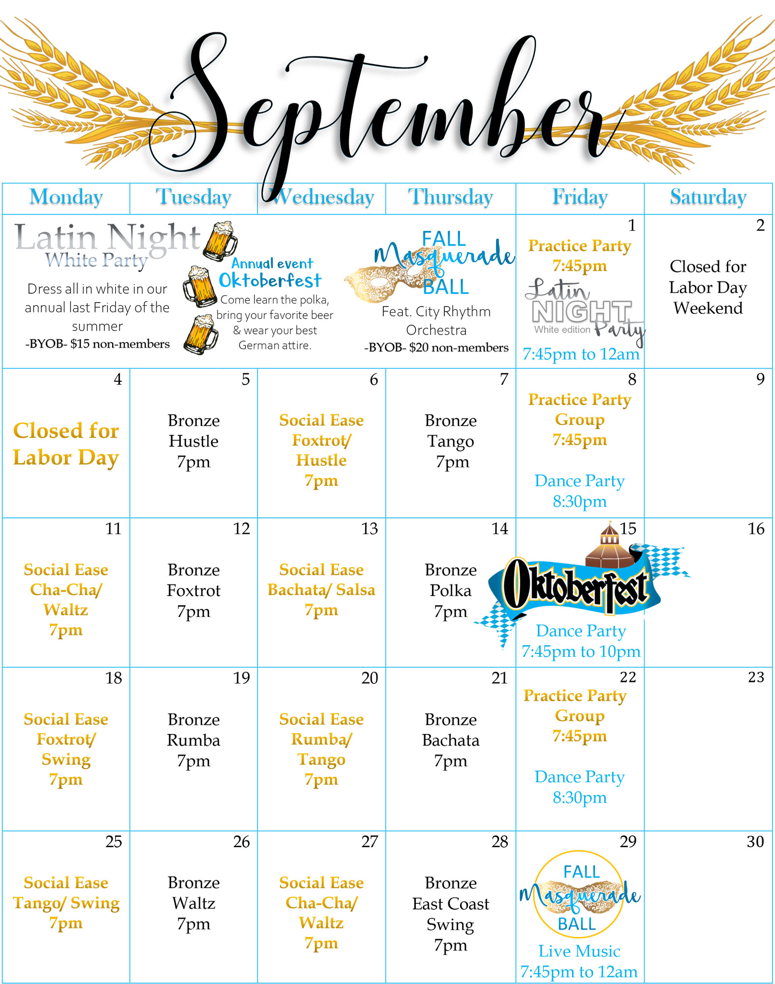 SHDA September 2023 Group Dance Class Calendar